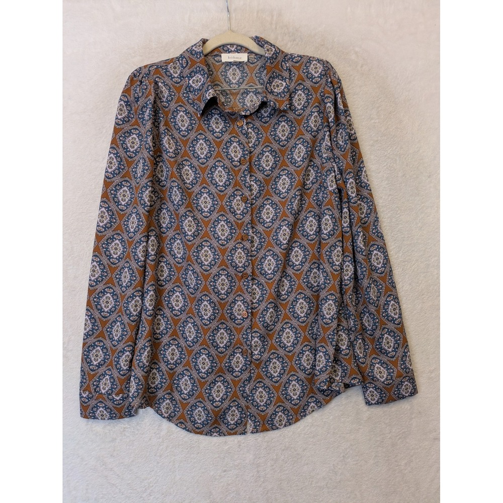 Böhme Button Down Shirt Women's Medium Brown Medallion Print Long Sleeve